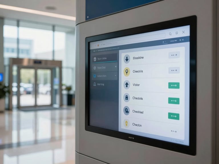Close-up detail of a kiosk screen interface in a corporate enterprise lobby, clean UI with wayfinding and visitor check-in options, daylight from glass entryway in background, polished floor reflection below unit