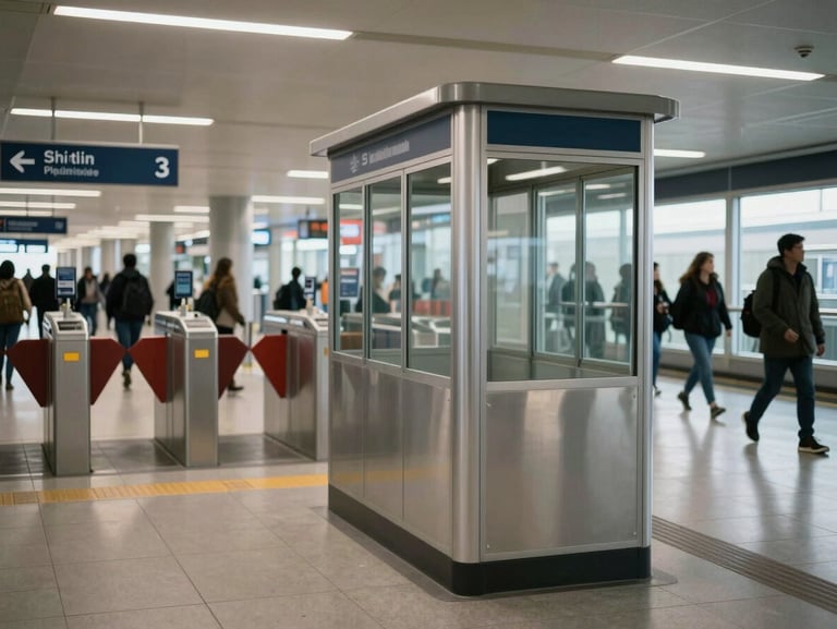 Wide shot of a transit concourse with a freestanding kiosk unit positioned near a fare gate, commuters passing in background, overhead fluorescent and daylight blend, clean directional signage visible