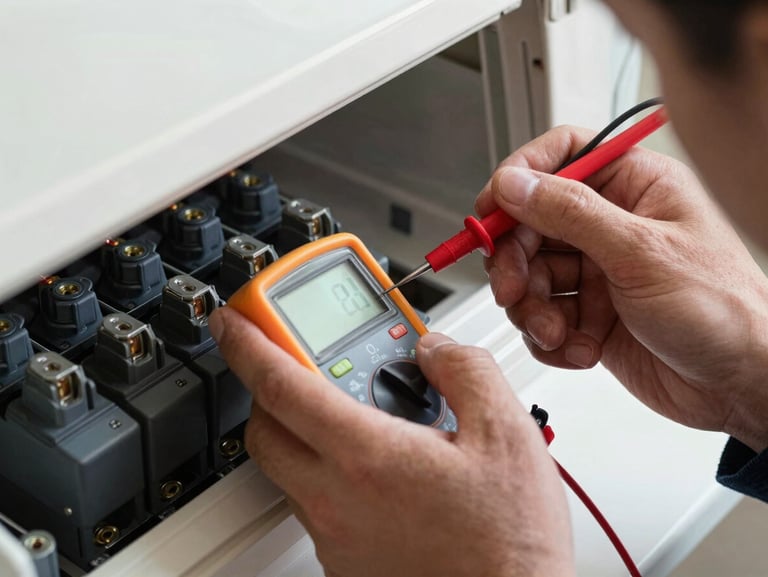 A technician's hand holding a digital multimeter probe against an air conditioner's electrical contactor terminal, sharp focus, technical work light.