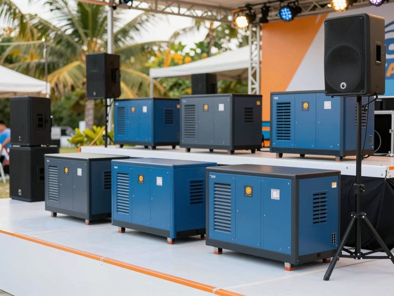 Professional event equipment, heavy-duty power generators and pristine sound systems arranged neatly on a clean stage, bright commercial studio lighting, 35mm