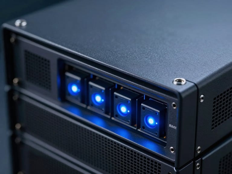 High-end server hardware with blinking blue LED lights, macro shot, cool artificial lighting, 35mm lens