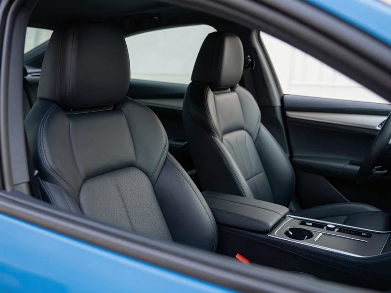 Pristine dark interior of a modern car, spotless leather seats and clean dashboard, bright daylight, sharp details, 35mm.