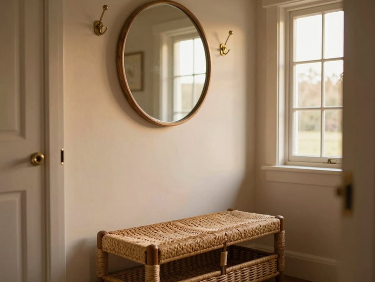 A small cottage entryway with a woven storage bench, brass coat hooks, and a rustic round mirror reflecting warm light, shallow depth of field