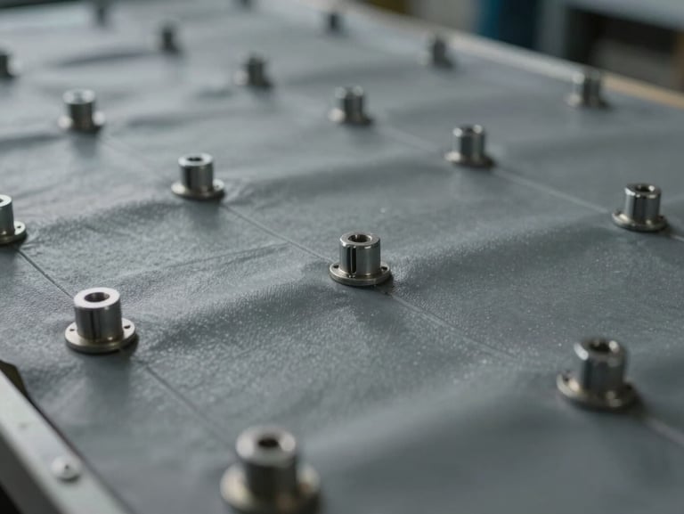 Détail technique d'une membrane d'étanchéité synthétique grise, fixations mécaniques régulières, joint soudé à l'air chaud, rigueur industrielle.
