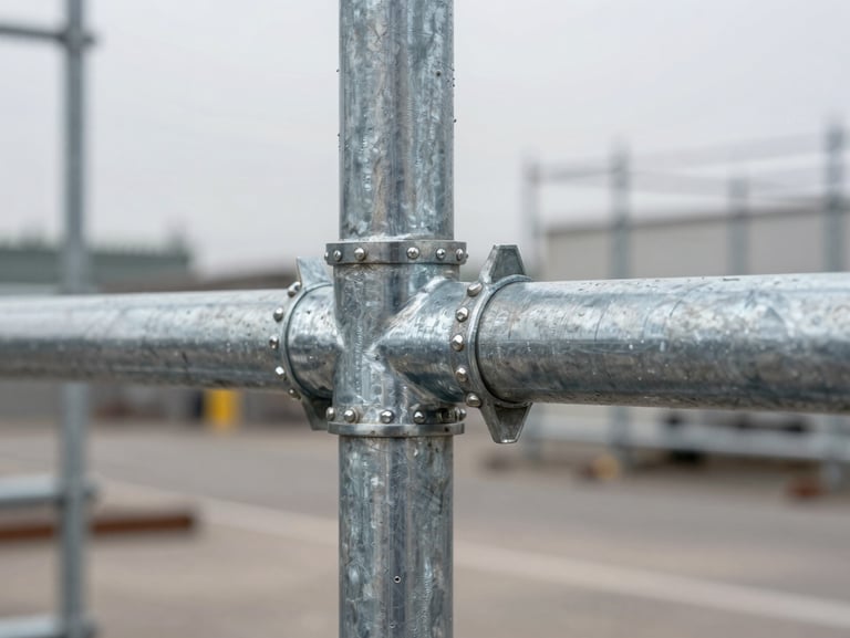 Extreme close-up of hot dip galvanized H-type scaffolding frame joint under overcast daylight, thick zinc coating visible on welded steel tube intersections, matte silver-gray surface texture, industrial yard background softly out of focus