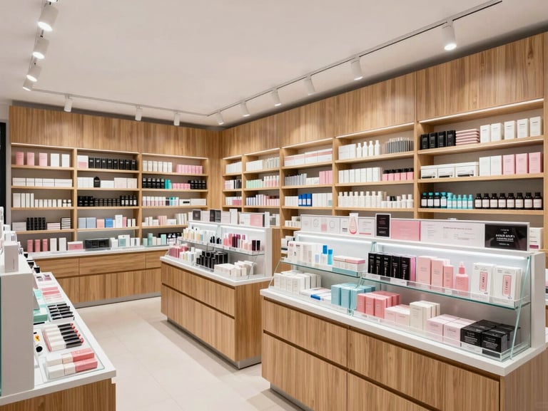 Brightly lit cosmetic shop interior, custom timber wall shelving, organized product displays, clean glass counters, architectural lighting
