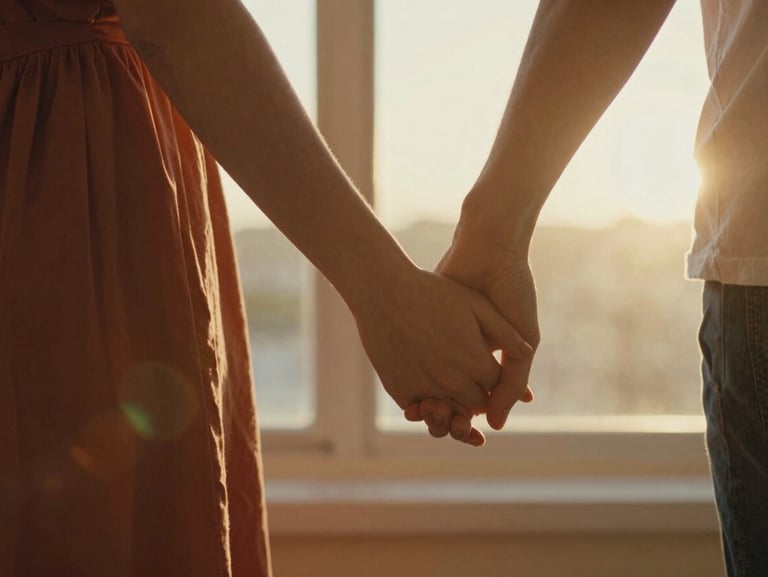 A close-up of a couple's hands gently clasped during golden hour, soft natural window light, warm lens flare, cinematic 35mm film look