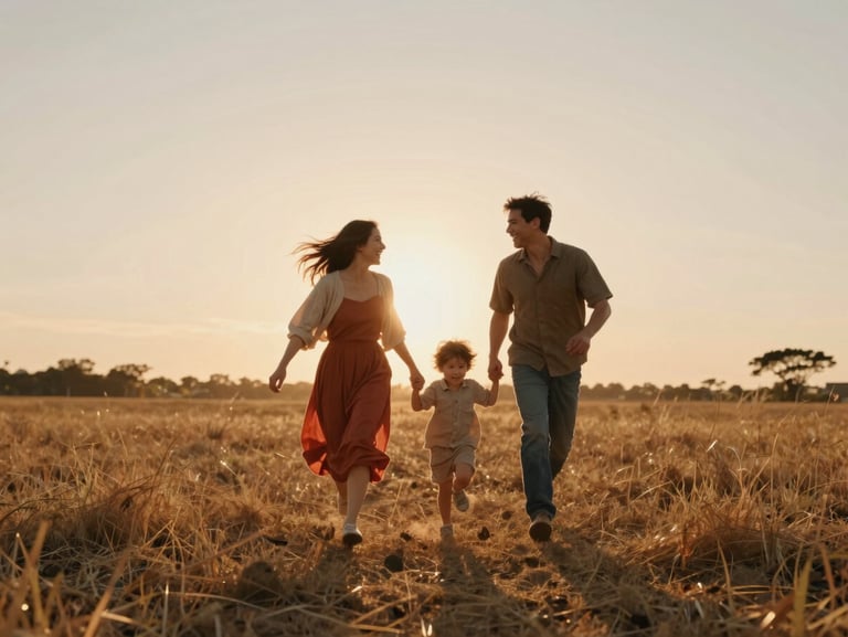 A joyful family running through an open field at golden hour, parents laughing, warm backlighting, cinematic 35mm film look