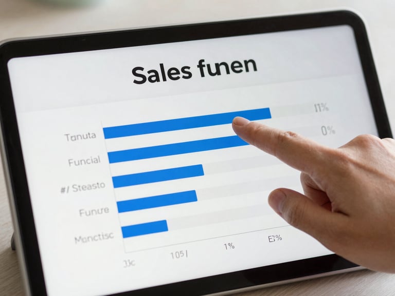 Close-up of a tablet screen displaying a clean digital sales funnel interface, hand pointing to a conversion metric, natural bright light, high contrast