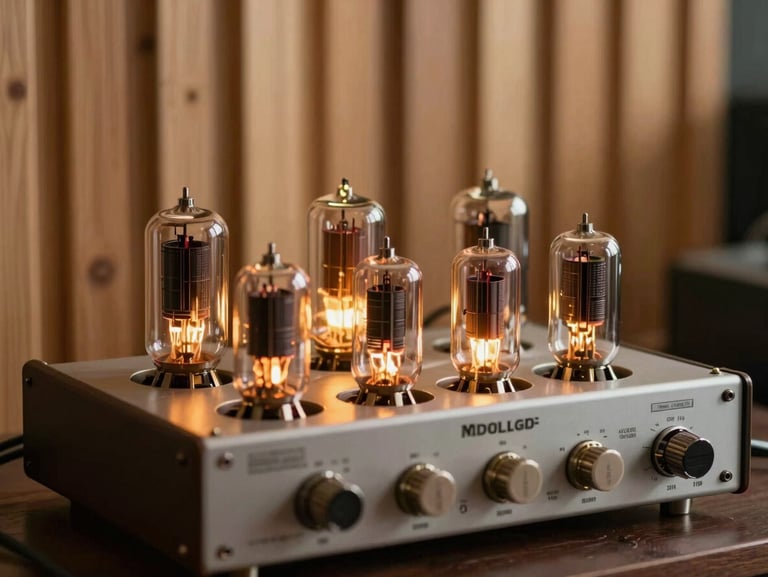 Warm amber glow of vacuum tubes inside a vintage audio amplifier, soft focus on wooden studio paneling in the background, intimate editorial framing.