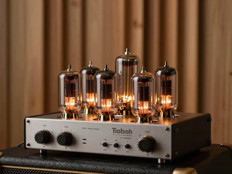 Warm glow of vacuum tubes inside an analog amplifier, soft amber lighting, cozy wooden studio wall in the background.