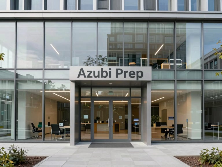 Architectural wide-angle shot of the modern Azubi Prep office entrance in Cologne, clean glass facade, neutral daylight, professional German corporate environment.