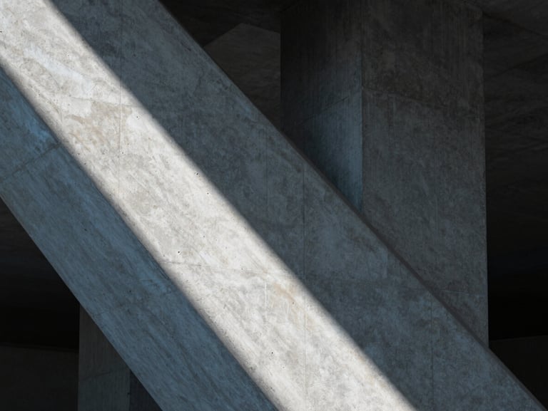 Abstract geometric composition of cool diffused light casting sharp diagonal shadows on a raw concrete structural column, architectural integrity theme.