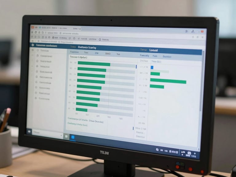 Close-up shot of a rugged industrial monitor displaying a trilingual customs clearance dashboard with charts and tables, clean office lighting.