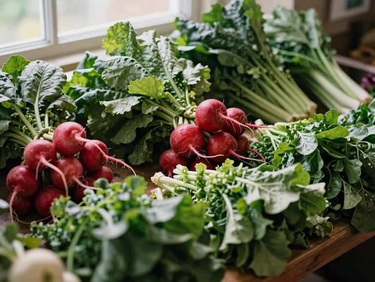 Overhead table spread of a local farm market stall with fresh greens and radishes, soft natural light, rich forest green tones, warm editorial photography, 35mm