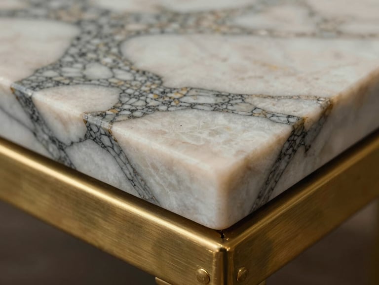 Extreme close-up macro detail of veined Calacatta marble resting against brushed brass, soft natural daylight highlighting the rich textures.