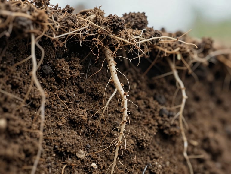 Extreme macro close-up of natural soil layers and fine root structures growing downwards, soft overcast natural daylight, showing detailed organic textures.