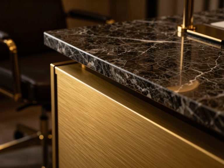 Extreme macro detail of brushed gold and dark marble in a prestigious Monaco private office, dramatic low-key lighting, deep shadows, 35mm