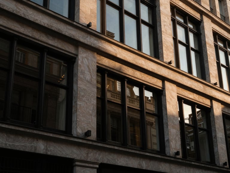 Dramatic low-key architectural detail of a prestigious Mayfair facade, warm golden-hour light reflecting off dark glass windows, 35mm editorial luxury photography