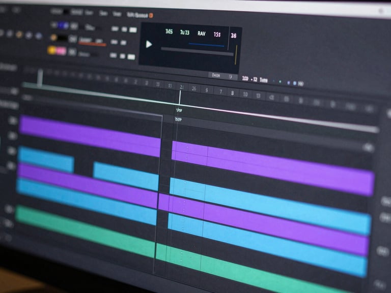 A close-up of a professional video editing timeline interface in Premiere Pro, displaying high-density audio tracks, neon purple cut markers, and a clean playhead line.