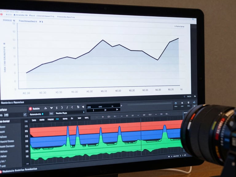 A clean screen capture of a YouTube analytics retention graph showing a flat high line, side-by-side with a Premiere Pro timeline with color-coded audio peaks