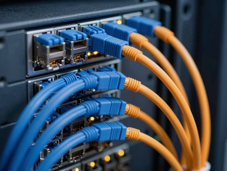 Macro close-up of neatly organized server rack with immaculate blue and orange ethernet cabling, cool crisp technical lighting, subtle LED indicator glows, sharp focus, 35mm