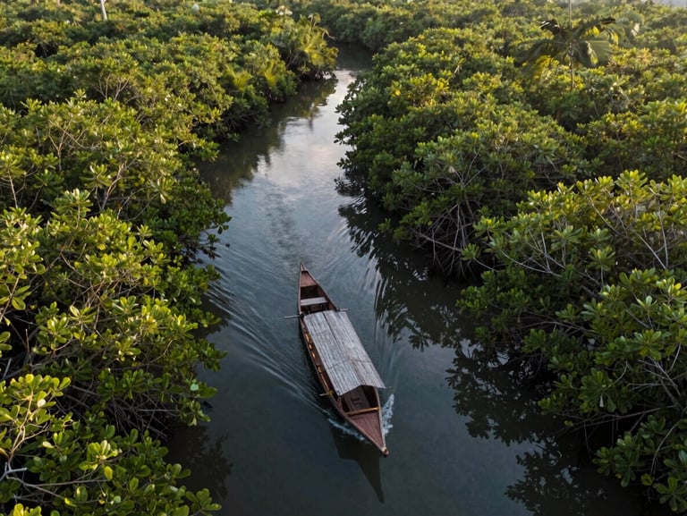 Wide drone shot of a community-led wooden patrol boat navigating a narrow mangrove channel in Ketapang, dense green canopy, early morning light.