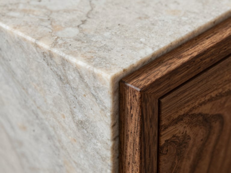 Extreme close-up of craftsmanship, honed travertine marble texture meeting raw dark oak wood, natural side lighting emphasizing the grain