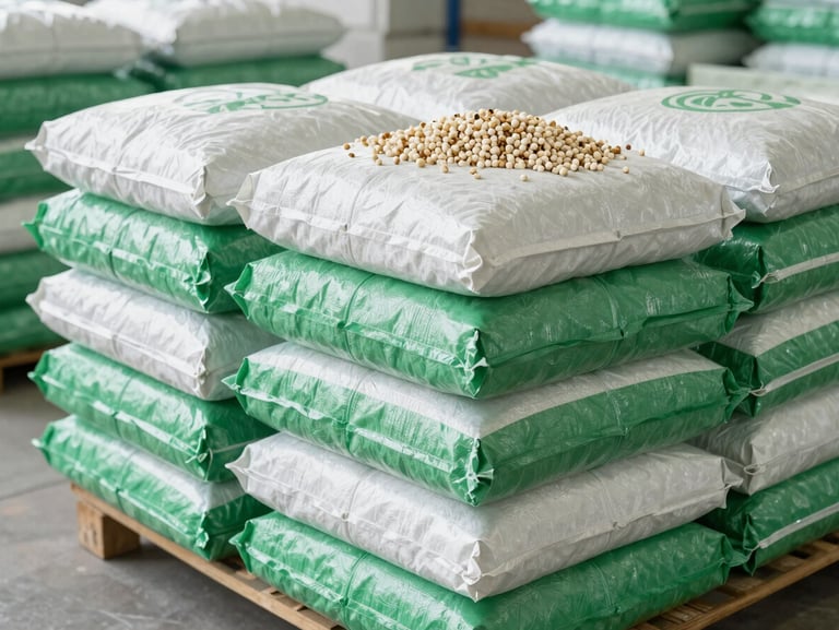 Large bulk packaging bags of makhana stacked neatly in a clean, hygienic warehouse