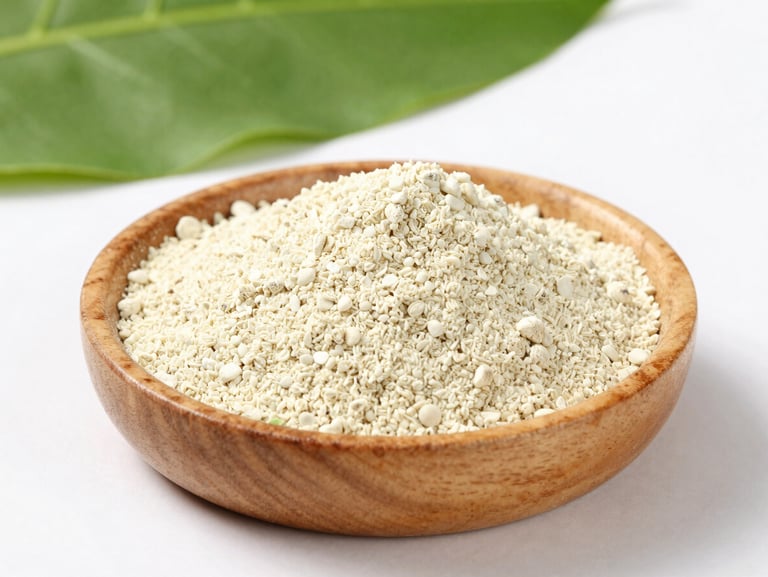 Fine makhana flour in a rustic wooden bowl, clean agricultural setting