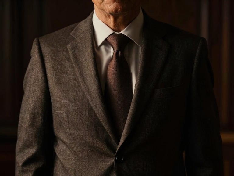 Low-key dramatic portrait of a senior litigation attorney in a bespoke tailored suit, deep shadows, cinematic lighting