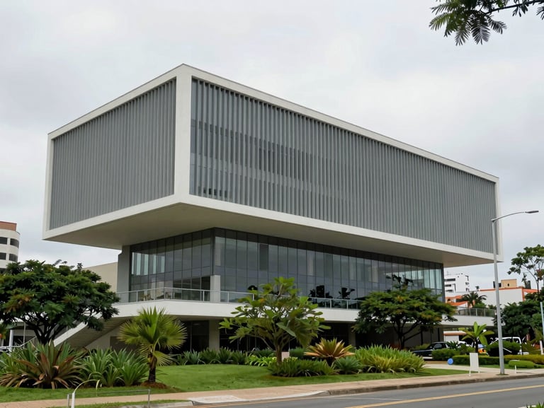 Modern architectural volume integrated with lush green urban planning in Joinville Cidade das Águas, diffused daylight, clean geometric lines