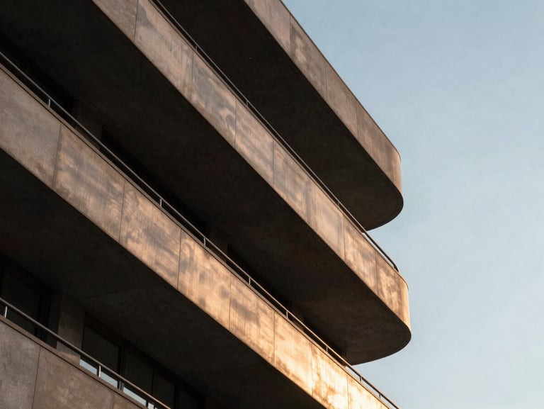 Abstract architectural crop of a luxury coastal building in Porto Belo, brushed bronze balconies reflecting warm diffused daylight, minimal sky.