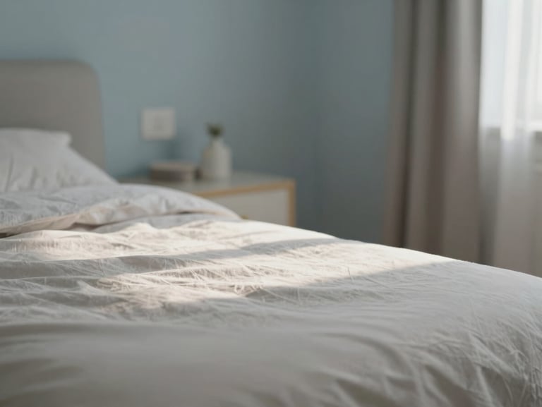 Soft diffused daylight falling on neutral textiles in a peaceful, minimalist birthing room, with a shallow depth of field.