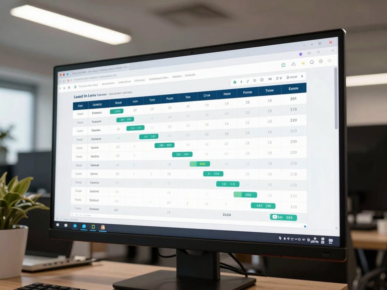 Desktop screen showing a CRM dashboard with lead pipeline columns and follow-up timestamps, medium shot, real office environment, overhead fluorescent and window light, no staging