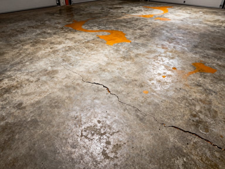 Gritty, cracked concrete garage floor with oil stains and visible wear under dim light
