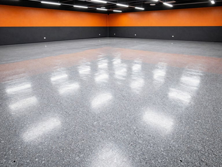 Gleaming high-gloss polyurea garage floor with modern gray and white flake blend reflecting bright overhead LED lights
