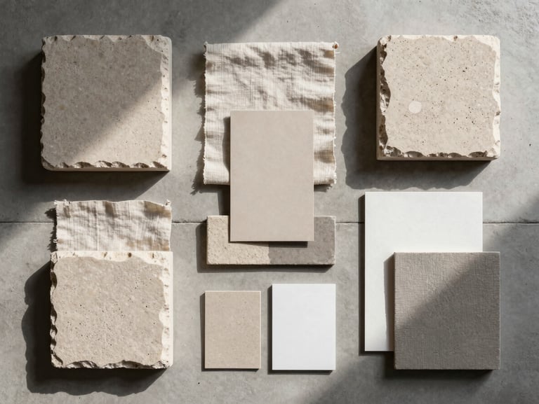 Top-down geometric flat-lay of tactile materials, stone blocks, linen swatches, and paper samples organized on a clean concrete workspace under harsh natural light.