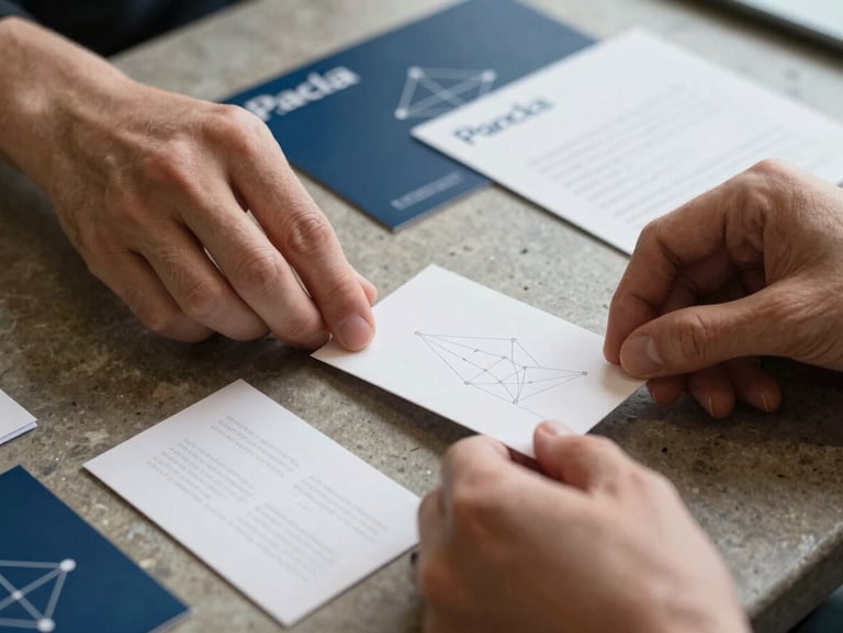 Close-up of a designer's hands arranging physical brand collateral and embossed business cards with mathematical precision on a stone table.