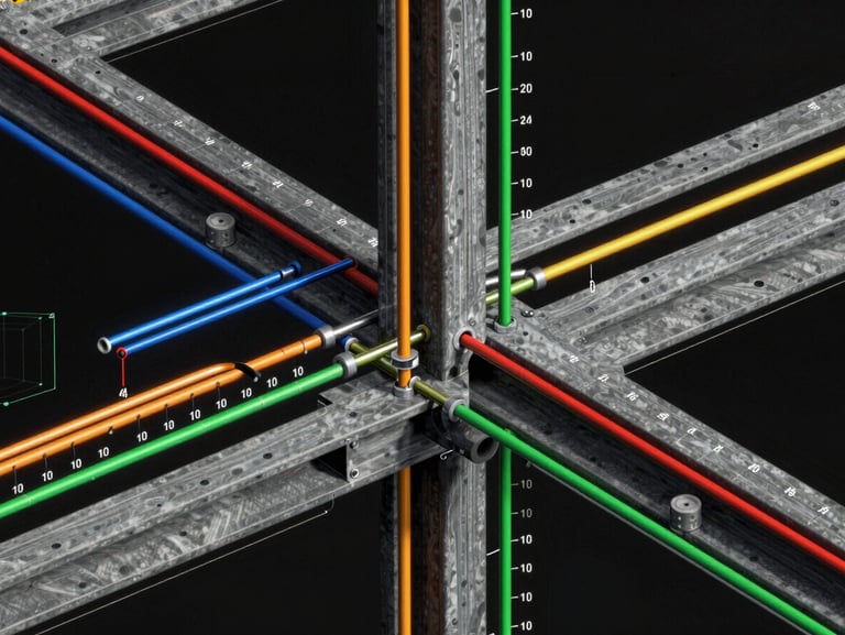 Macro close-up of a dense structural intersection in a CAD viewport, showing color-coded piping and steel beams with coordinate markers, high contrast