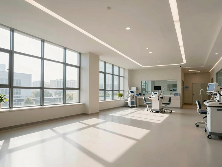 Wide-angle environmental shot of a modern clinical space, bright natural morning light streaming through large windows, clean architectural lines, professional healthcare equipment visible in the background.