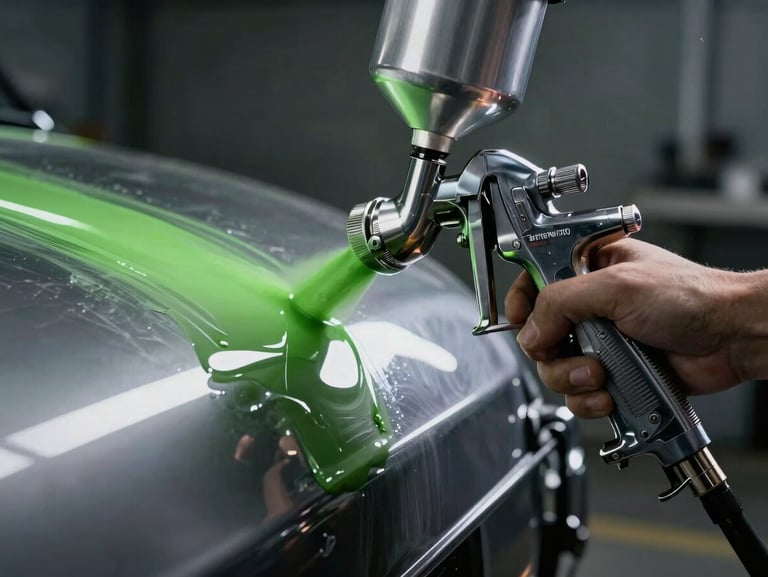 Close-up of a professional paint spray gun applying clear coat to a metallic surface, bright green paint reflections, dramatic workshop lighting
