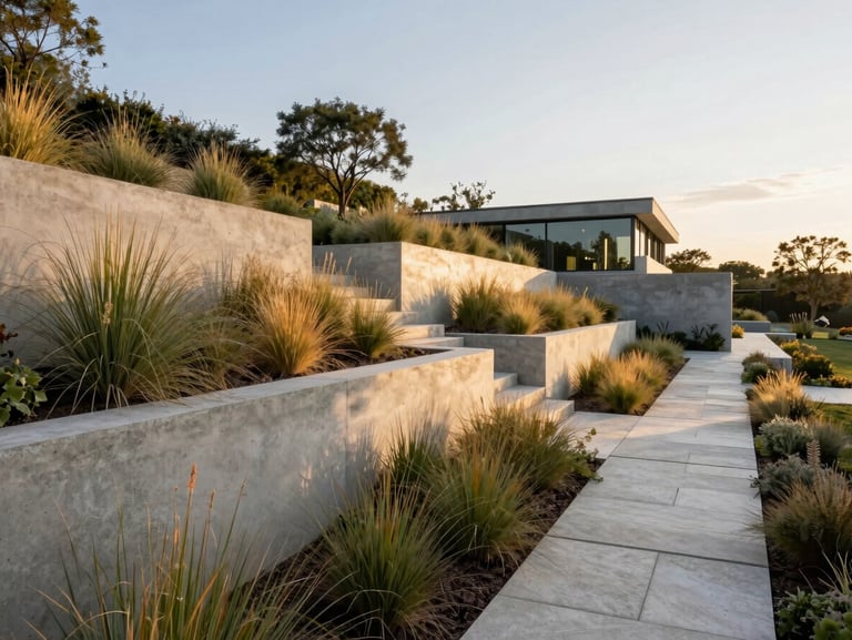 An expansive modern estate garden with raw concrete retaining walls, native grasses, and a limestone pathway, golden hour light