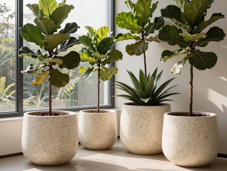 A refined interior sunroom with custom travertine planters and tall structural fiddle-leaf figs, soft morning light