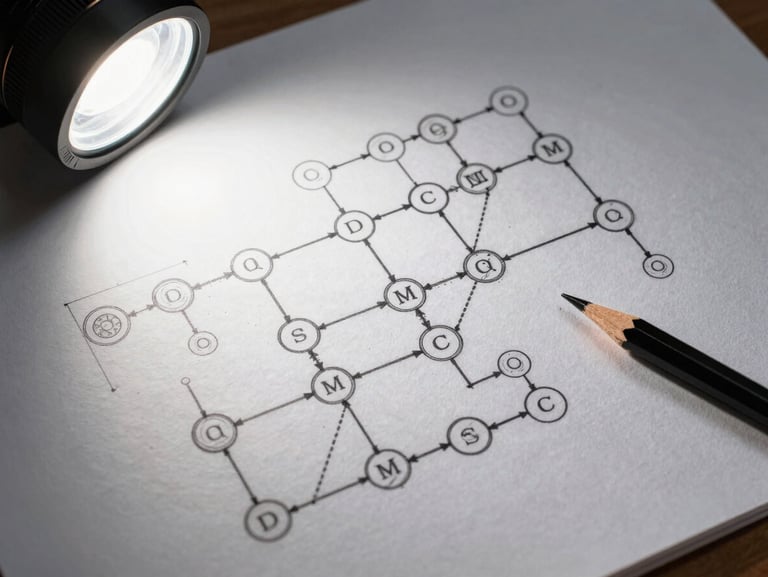 Overhead tight study of an architectural system diagram on drafting paper, precise ink lines mapping operational nodes and dependencies, a mechanical pencil resting at the edge, studio strobe lighting casting crisp controlled shadows, matte surface texture