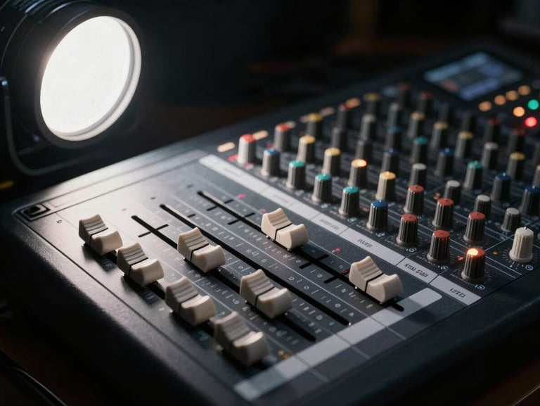 Close-up overhead shot of a professional mixing console, faders lit by hard studio strobe light from the left, individual channel labels crisp and in focus, deep black background, high-contrast editorial framing