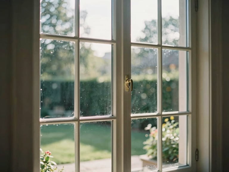 Crisp morning light reflecting off a flawless, double-height residential window frame, pristine glass showing a clear garden view, sharp geometric angles.