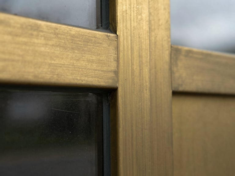 Extreme macro detail of brushed brass paneling meeting dark hand-poured glass, overcast diffused daylight highlighting the fine metallic texture grain.
