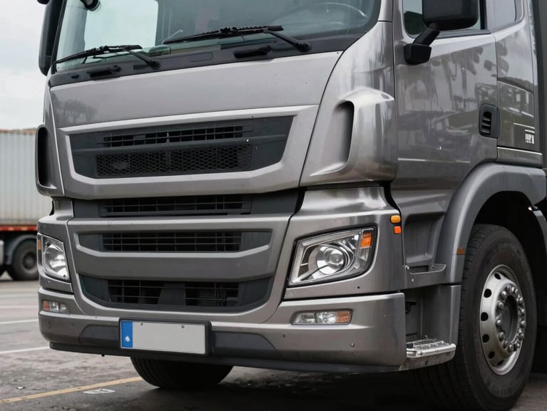 Close-up of a commercial truck front grille and headlights parked at a logistics yard, overcast daylight, sharp metallic detail visible on the bumper