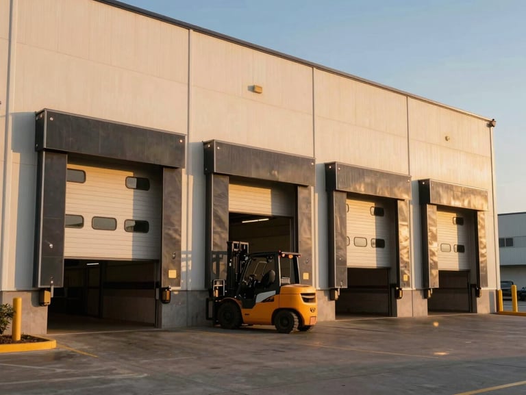 Exterior of a commercial warehouse building at golden hour, loading bay doors open, forklift visible at the entrance, warm late-afternoon light across the facade